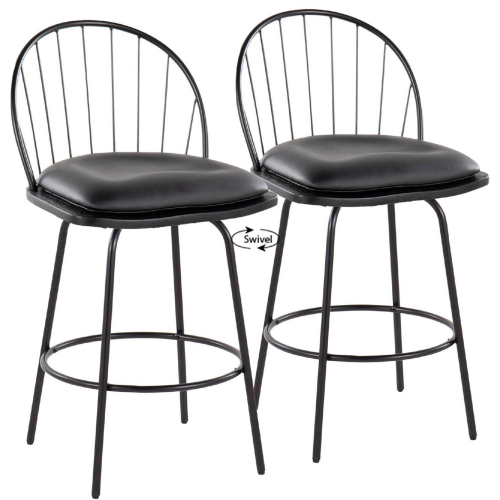 Riley Claire 26" Swivel Counter Stool in Black Metal, Black Wood & Black Leatherette (Set of 2)